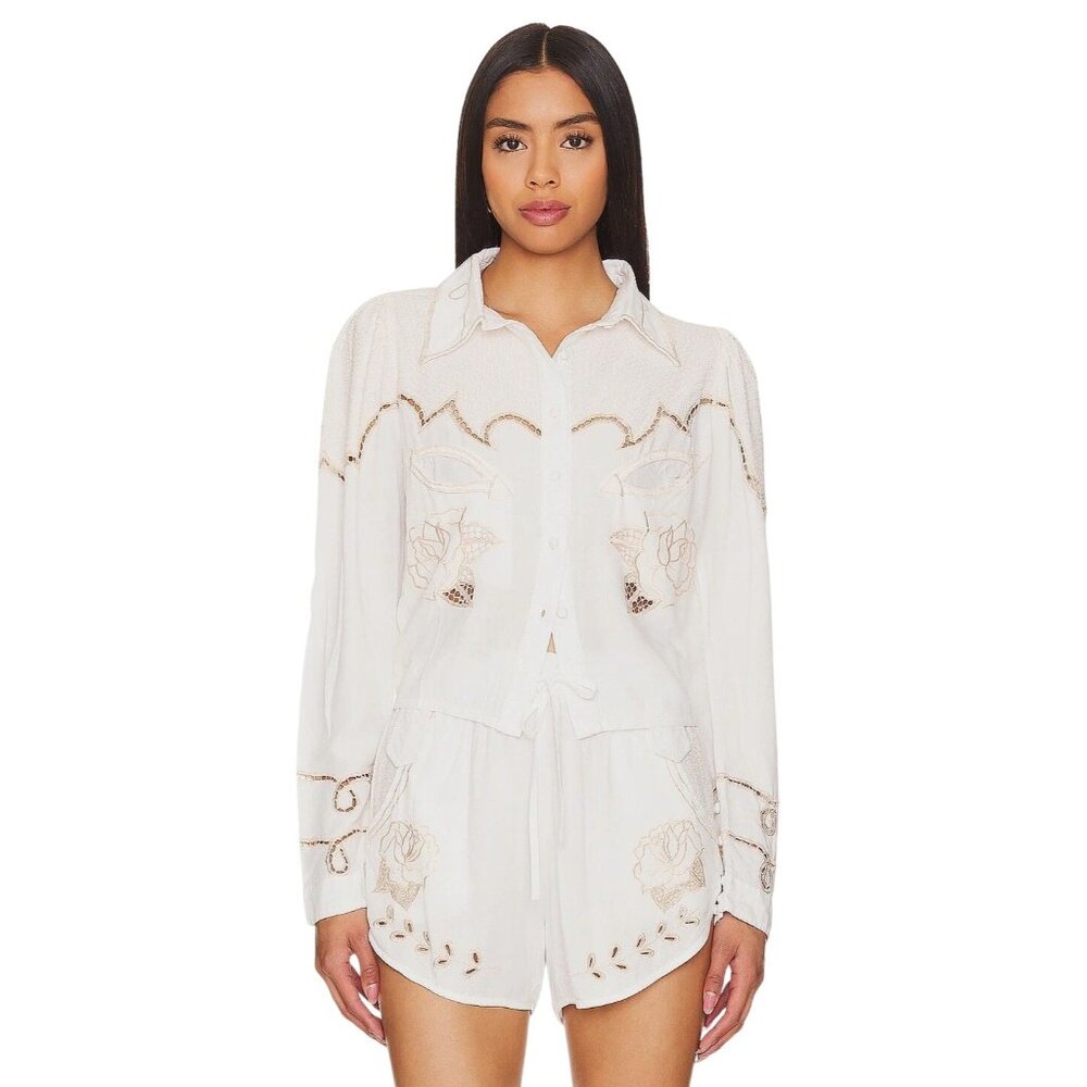 Jen's Pirate Booty Cream Embroidered Button-Down Shirt